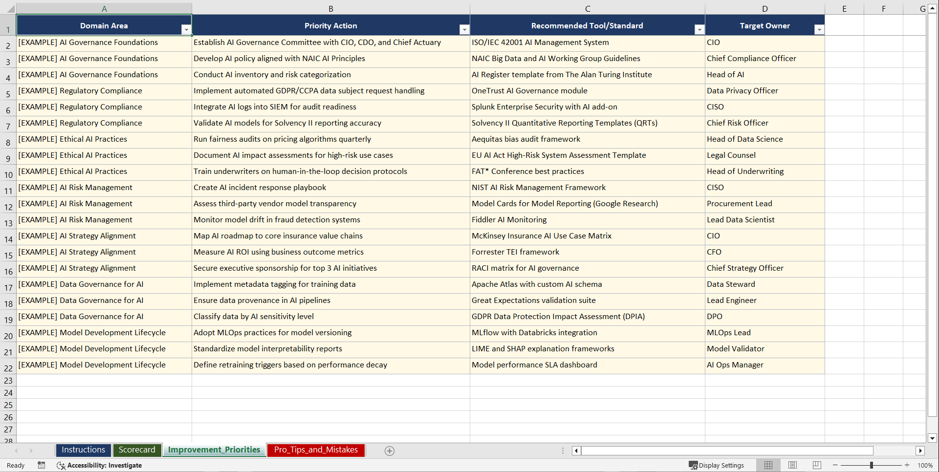 AI Governance and for Insurance CIOs Playbook (Excel template (XLSX)) Preview Image