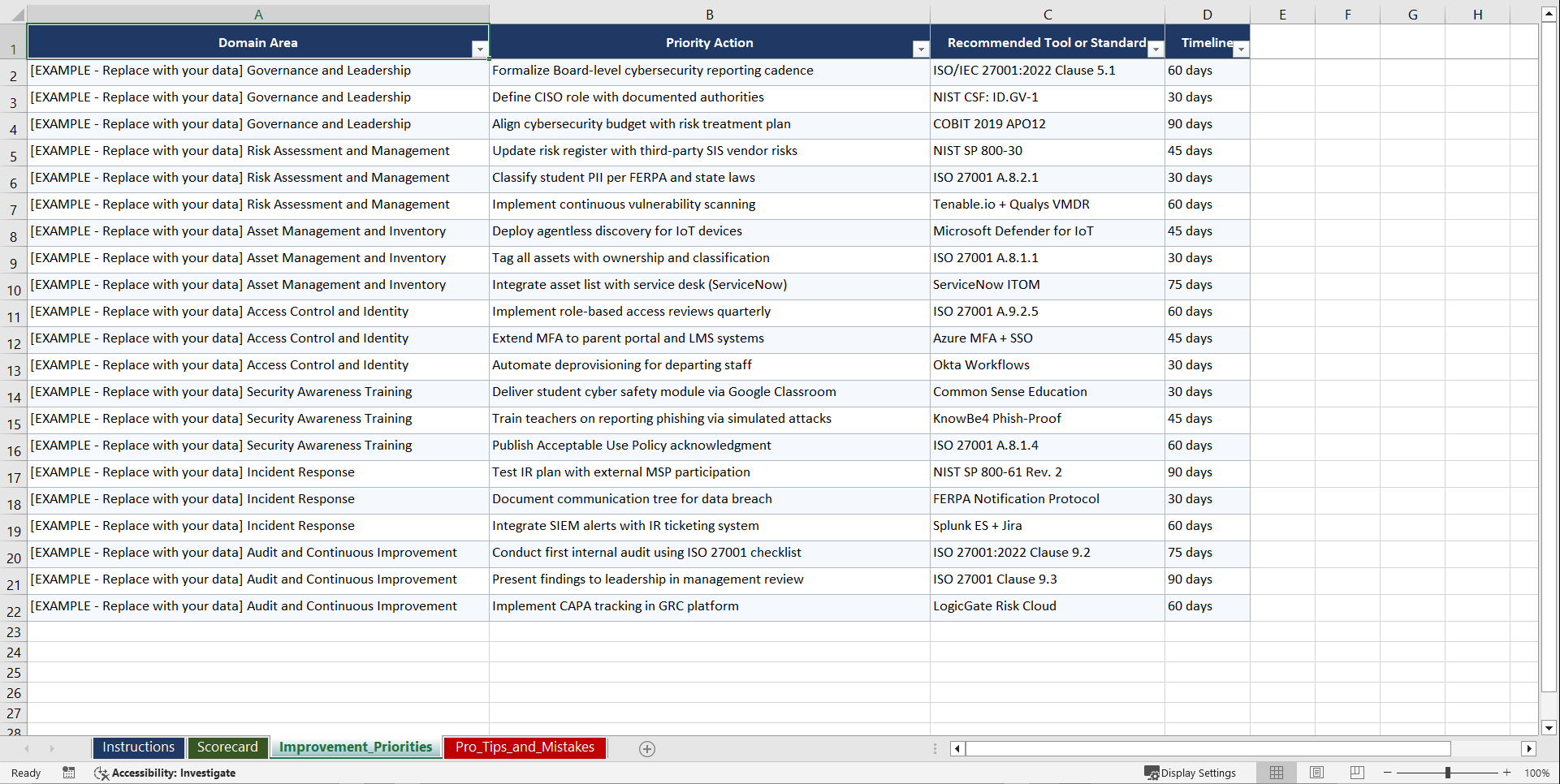 ISOIEC 27001 & NIST Cybersecurity Framework Playbook (Excel template (XLSX)) Preview Image