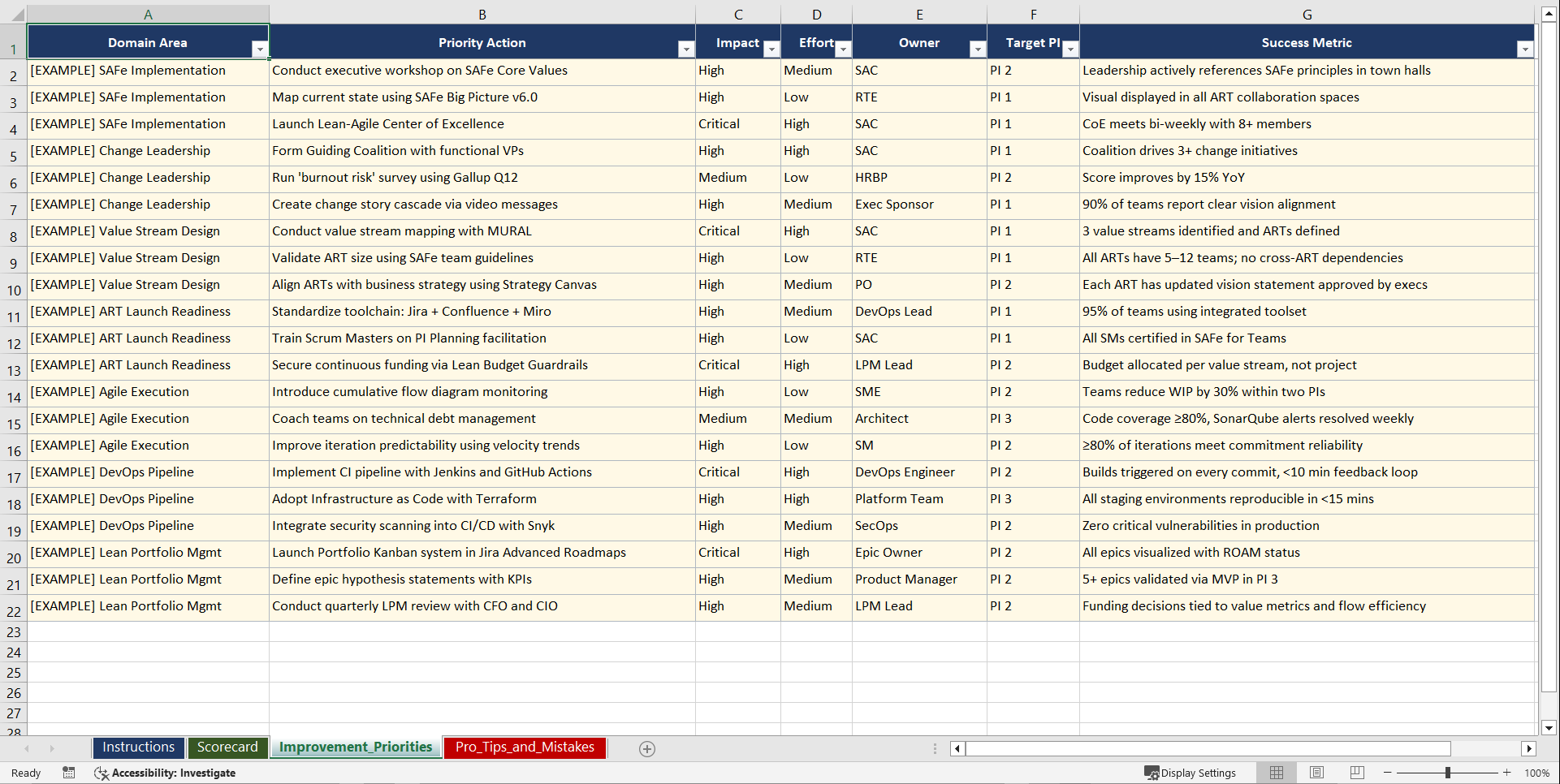 Scaled Agile SAFe Playbook (Excel template (XLSX)) Preview Image