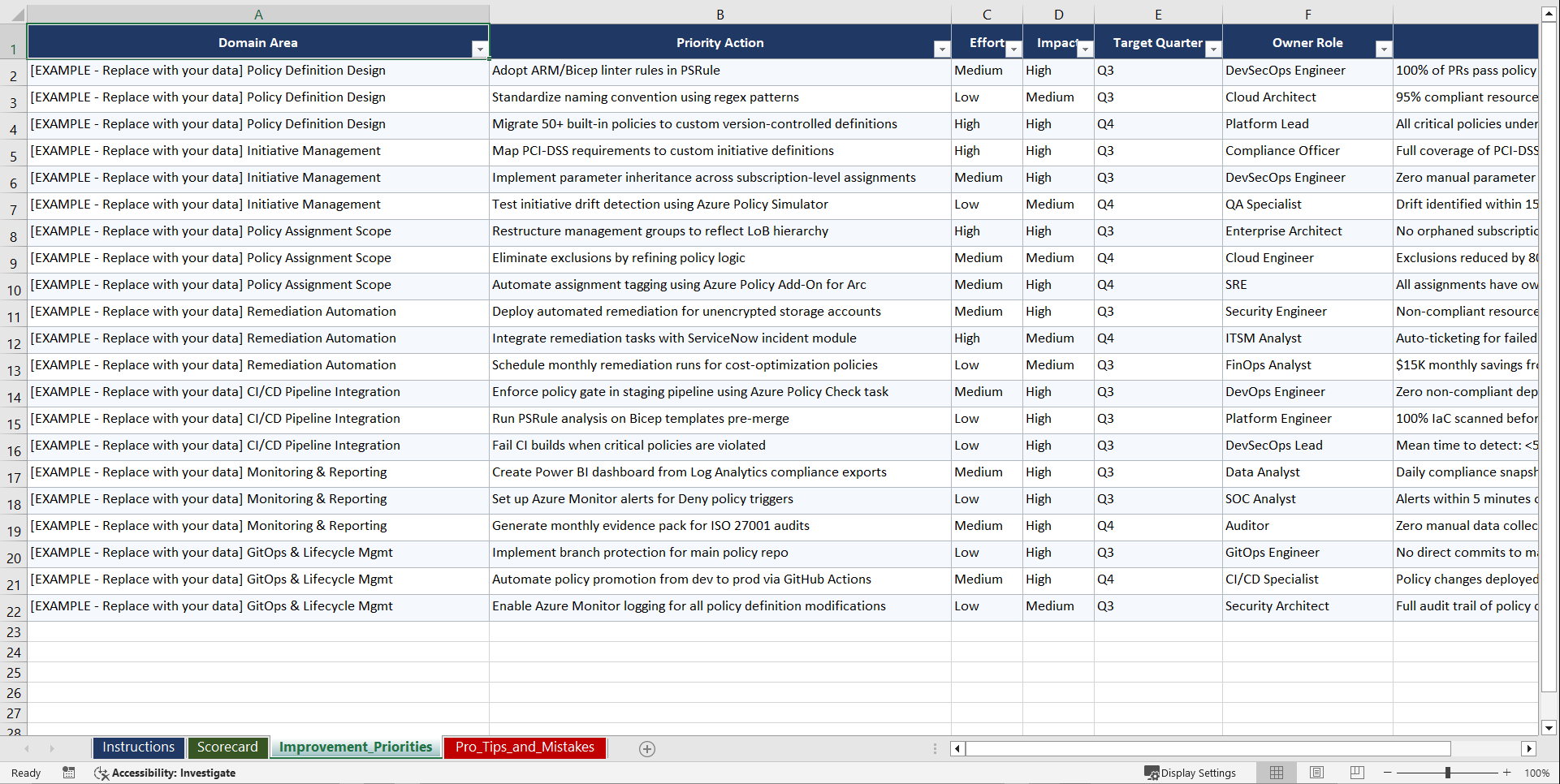 Azure Policy as Code for DevSecOps Architects Playbook (Excel template (XLSX)) Preview Image