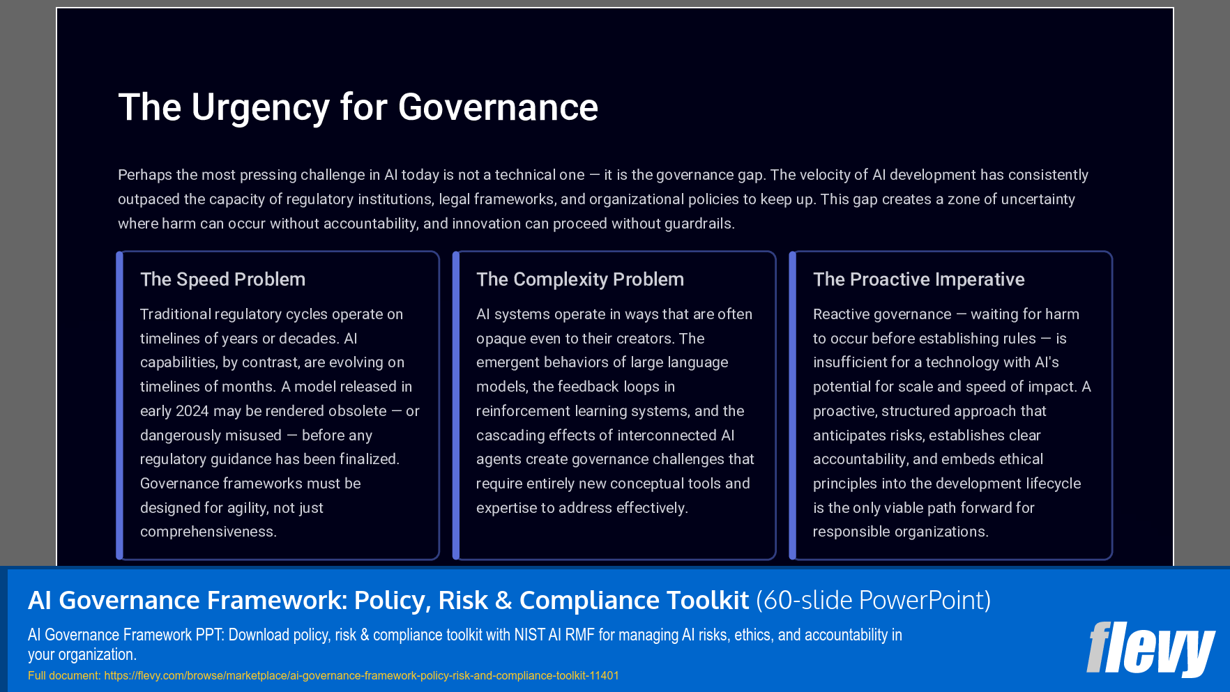 AI Governance Framework: Policy, Risk & Compliance Toolkit (60-slide PPT PowerPoint presentation slide deck (PPTX)) Preview Image