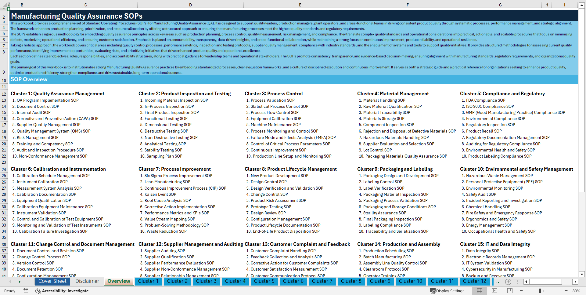 100+ Manufacturing Quality Assurance SOPs (Excel template (XLSX)) Preview Image