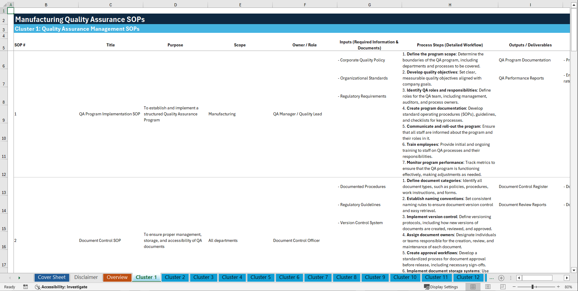 100+ Manufacturing Quality Assurance SOPs (Excel template (XLSX)) Preview Image