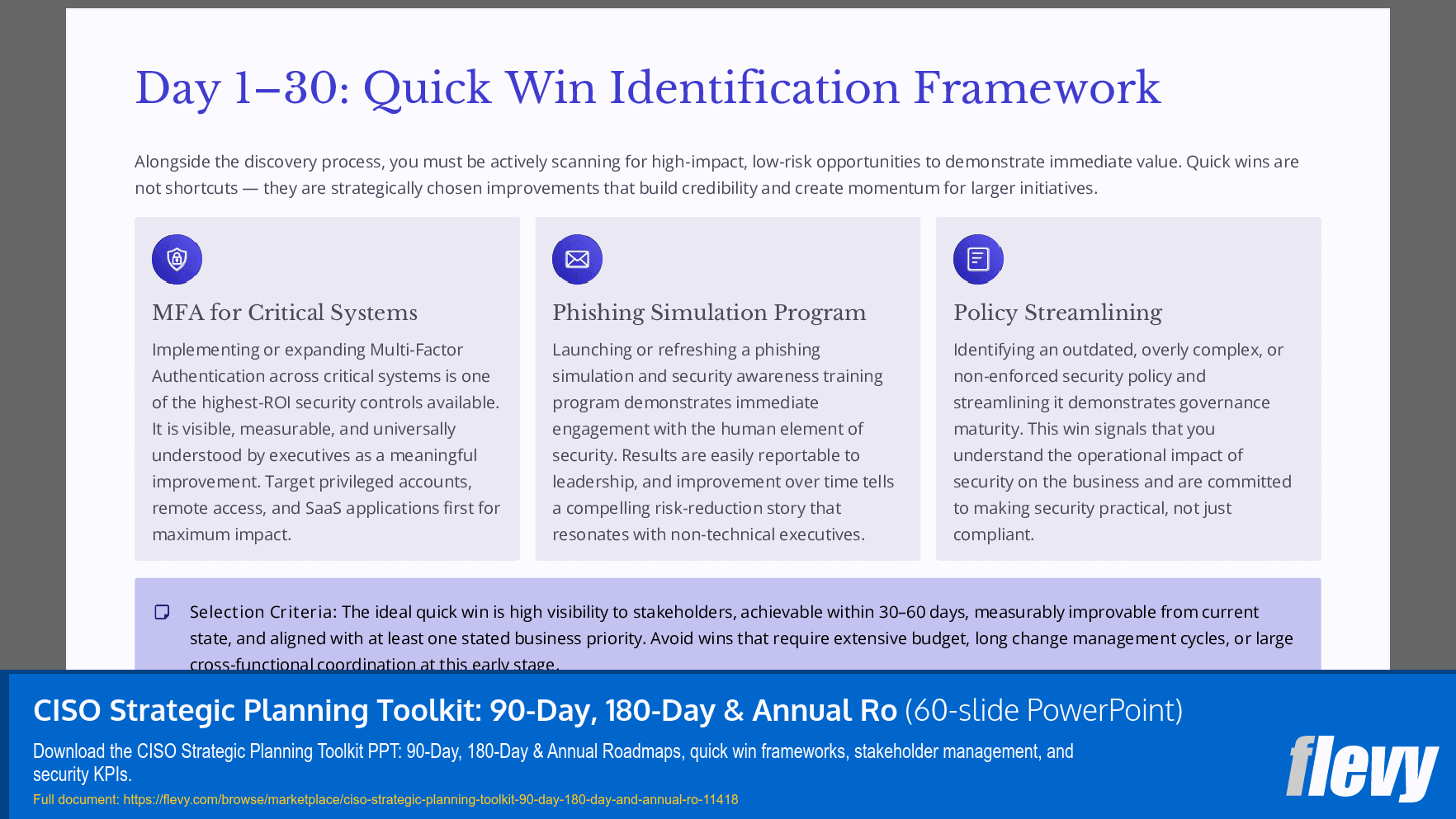 CISO Strategic Planning Toolkit: 90-Day, 180-Day & Annual Ro (60-slide PPT PowerPoint presentation template (PPTX)) Preview Image