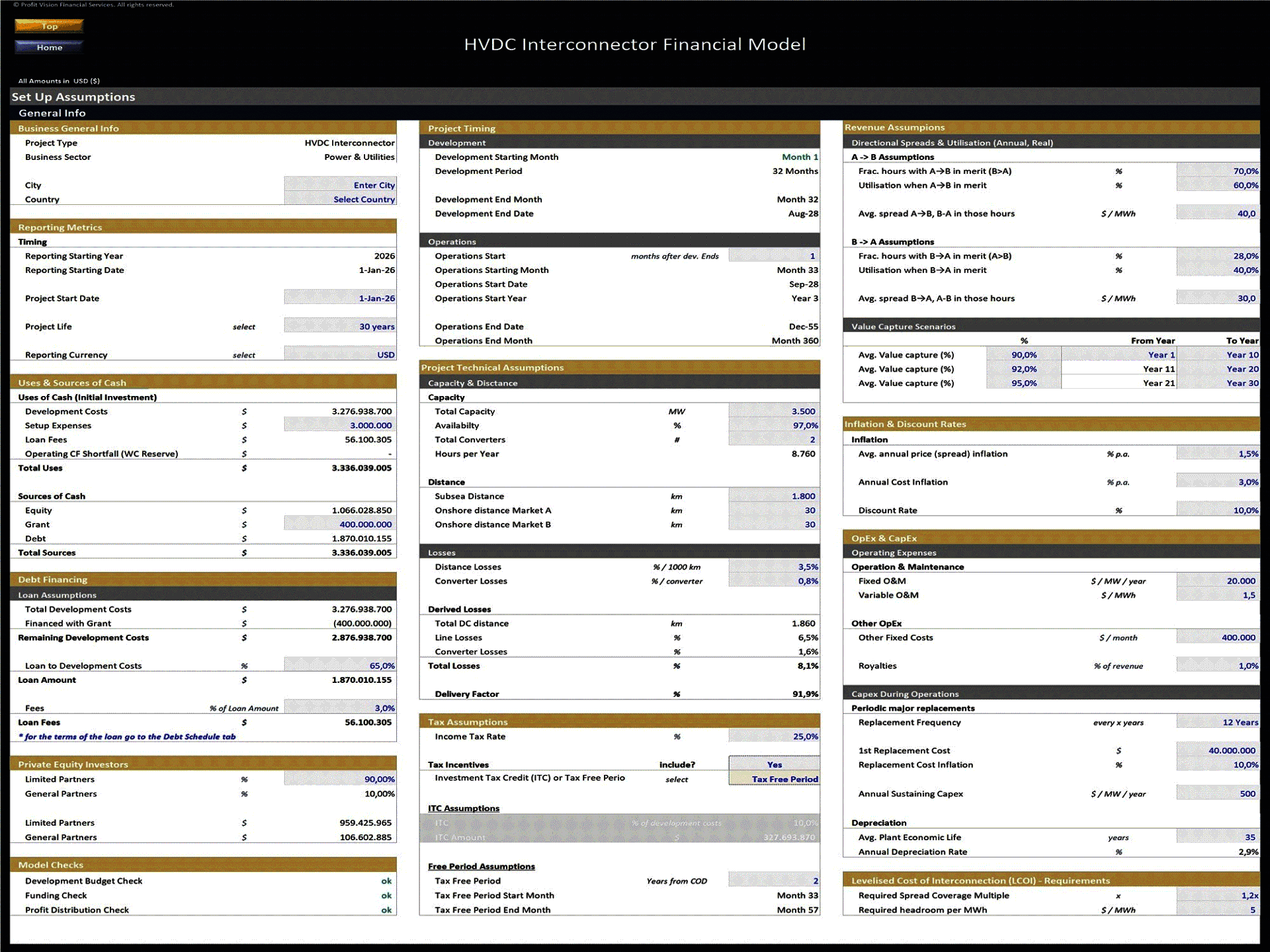 Subsea HVDC Interconnector - 30 Year Financial Model (Excel template (XLSX)) Preview Image