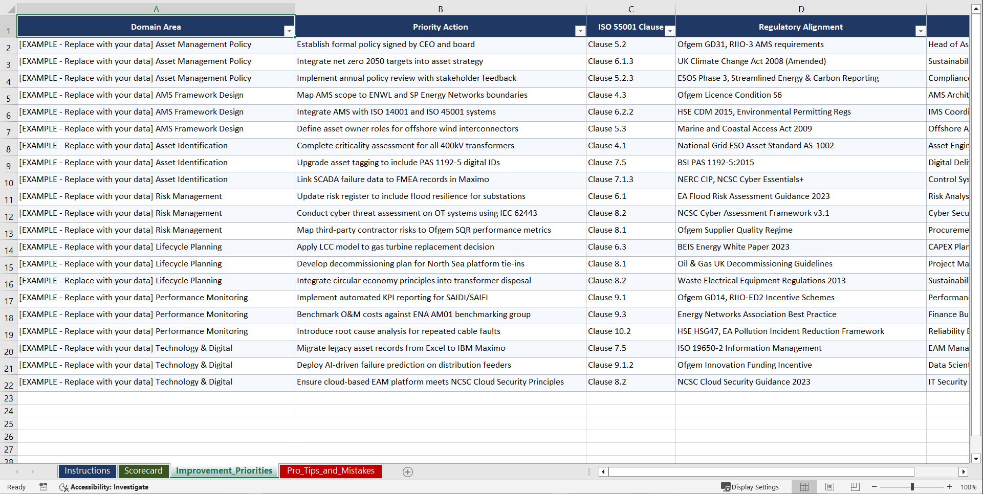 ISO 55001 Asset Management for UK Energy Infrastructure Playbook (Excel template (XLSX)) Preview Image