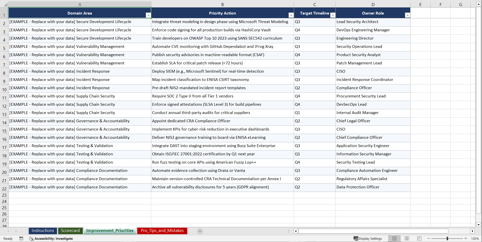 CRA & NIS2 Compliance for EU Software Product Playbook (Excel template (XLSX)) Preview Image