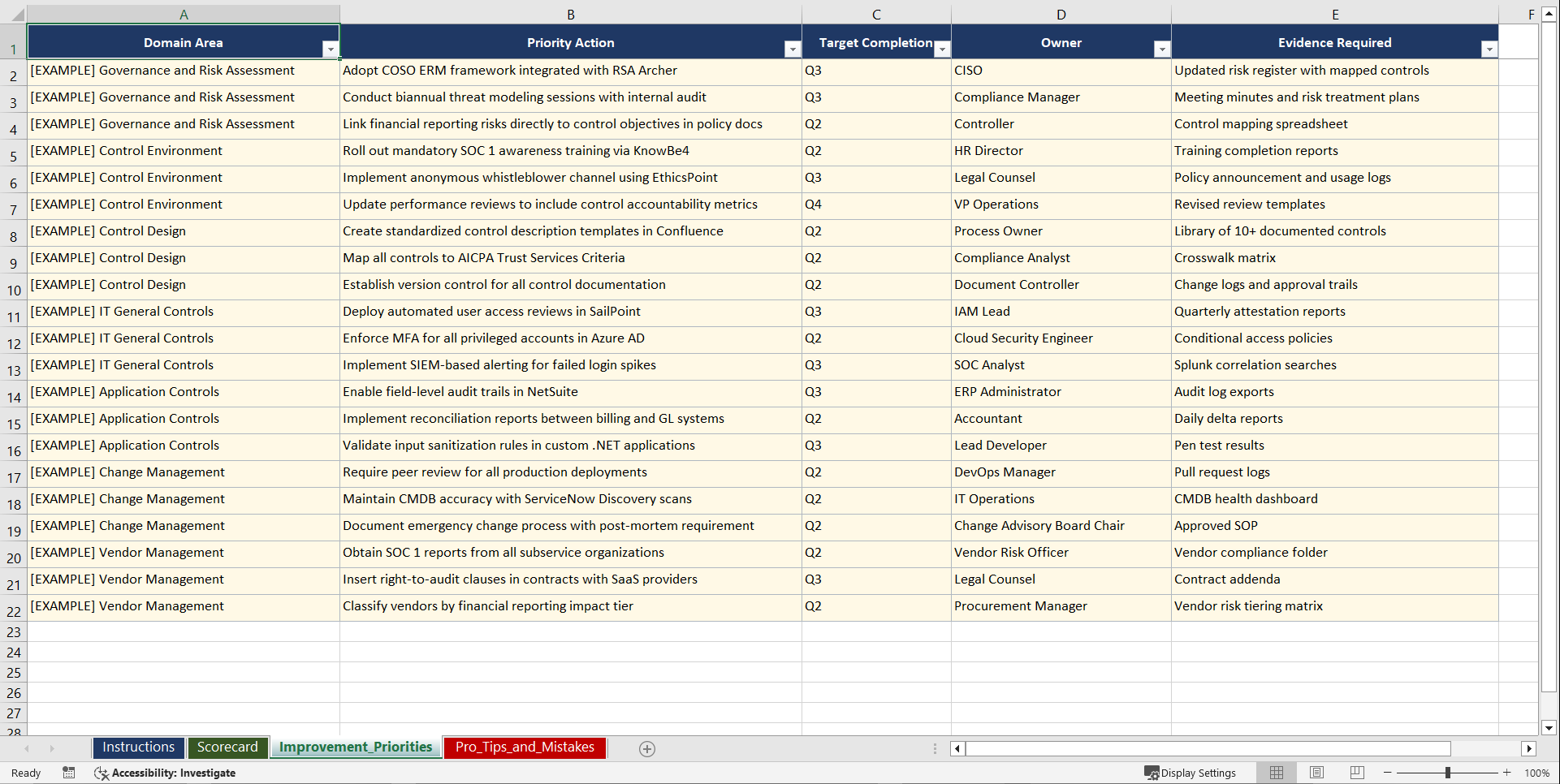 SSAE 18 SOC 1 Type II Compliance Playbook (Excel template (XLSX)) Preview Image
