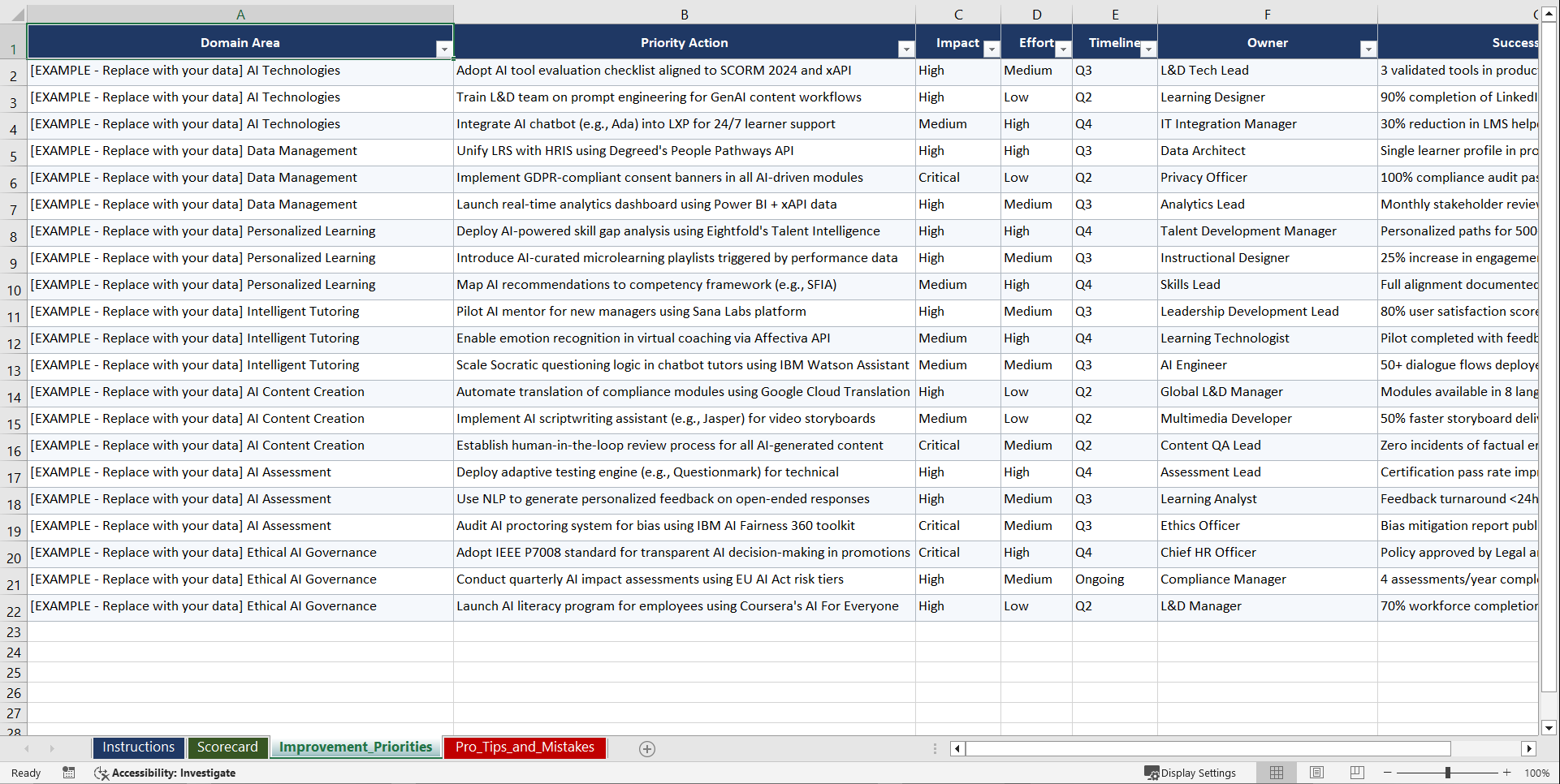 AI for Learning and Development Playbook (Excel template (XLSX)) Preview Image