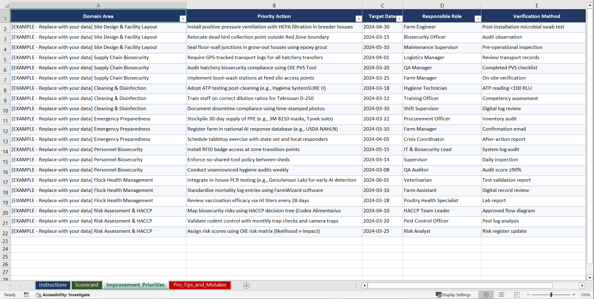 ISO 220002018 OIE Biosecurity for Poultry Playbook (Excel template (XLSX)) Preview Image