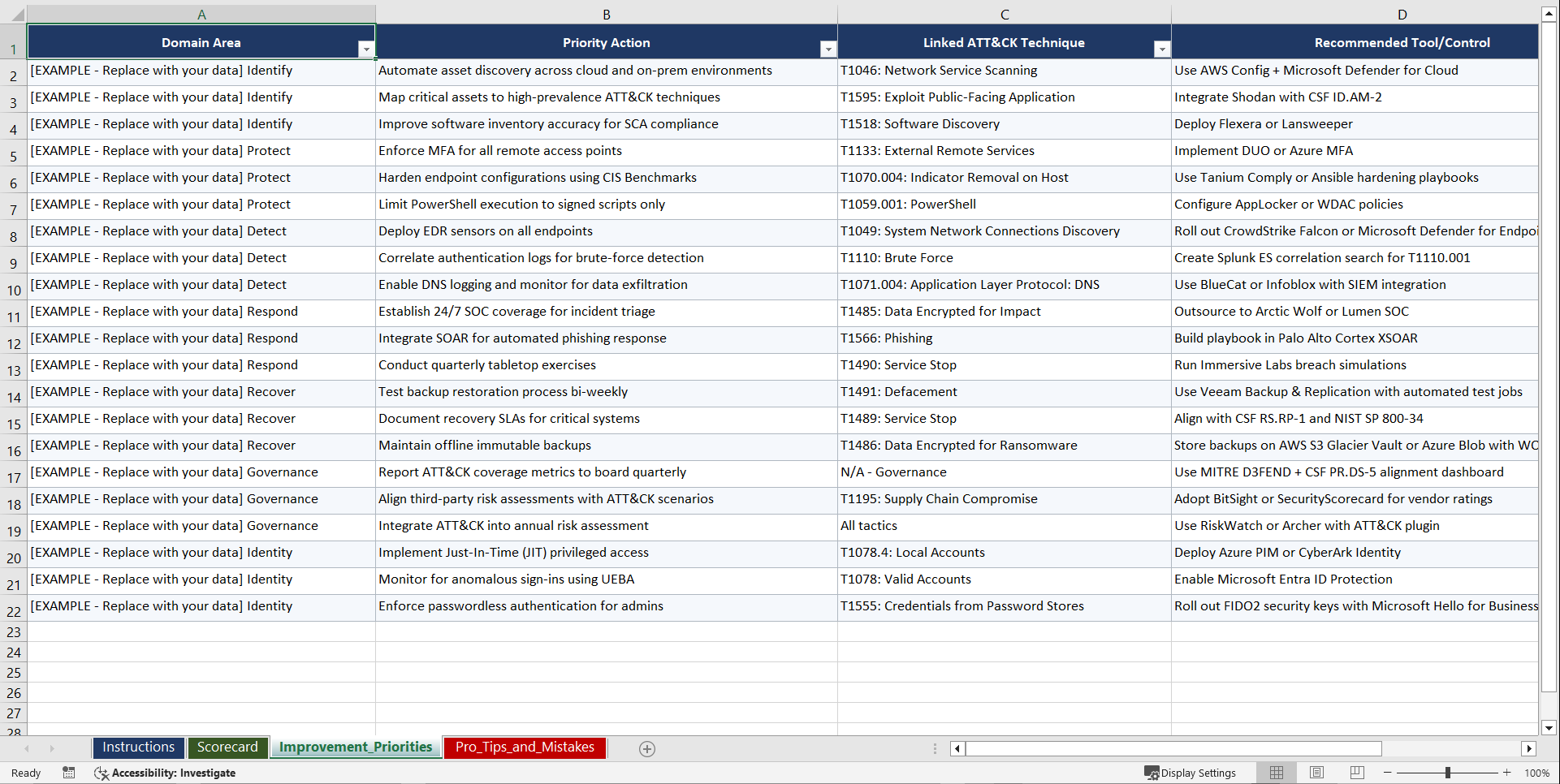 NIST Cyber Framework CSF MITRE ATTCK Integration Playbook (Excel template (XLSX)) Preview Image