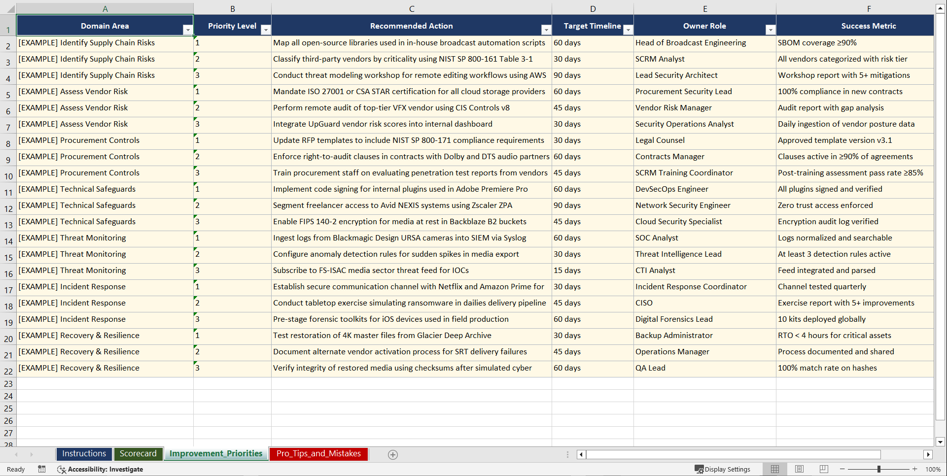 NIST SP 800-161 Rev 1 Supply Chain Risk Management Playbook (Excel template (XLSX)) Preview Image