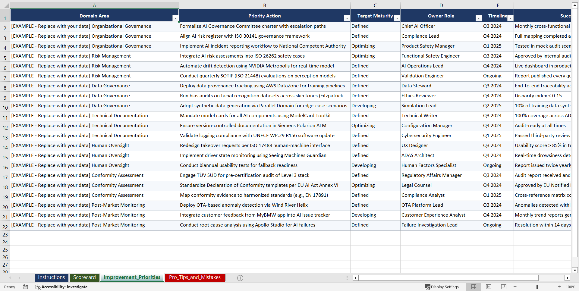 AI Governance for Automotive OEMs under EU AI Act Playbook (Excel template (XLSX)) Preview Image