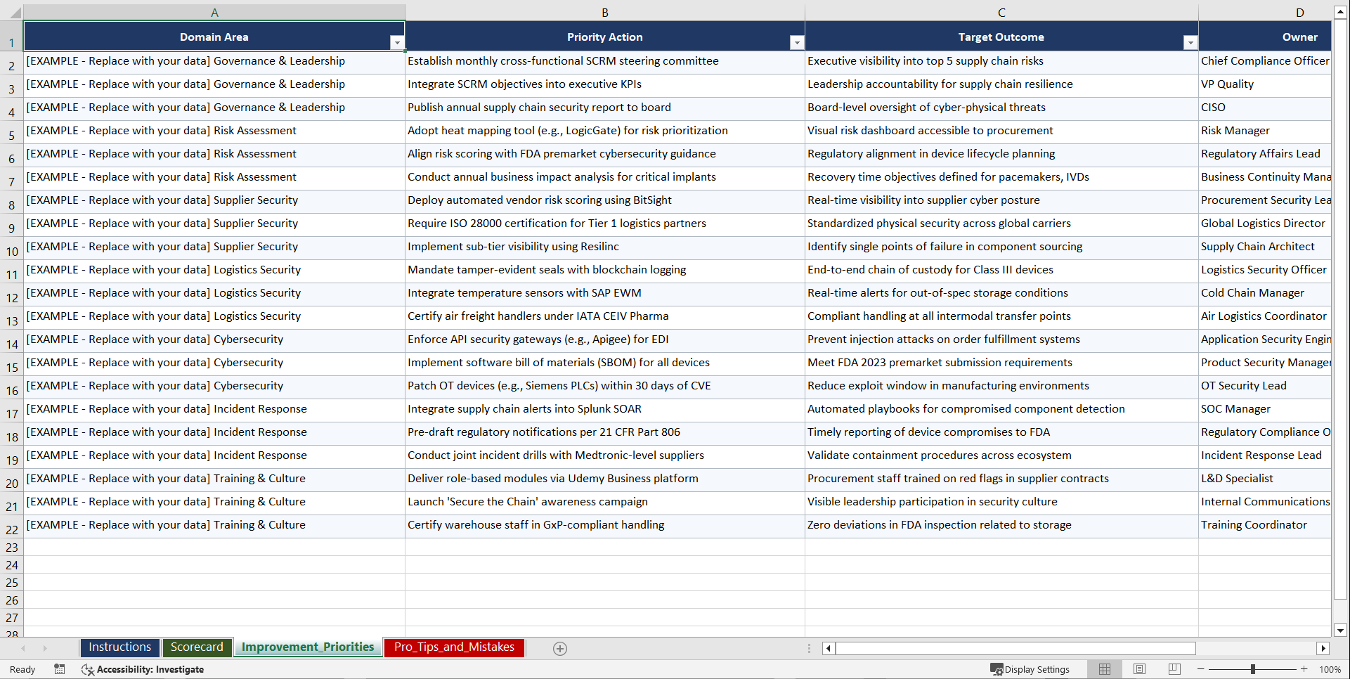 ISO 28000 NIST SP 800161 for Global MedTech Supply Playbook (Excel template (XLSX)) Preview Image