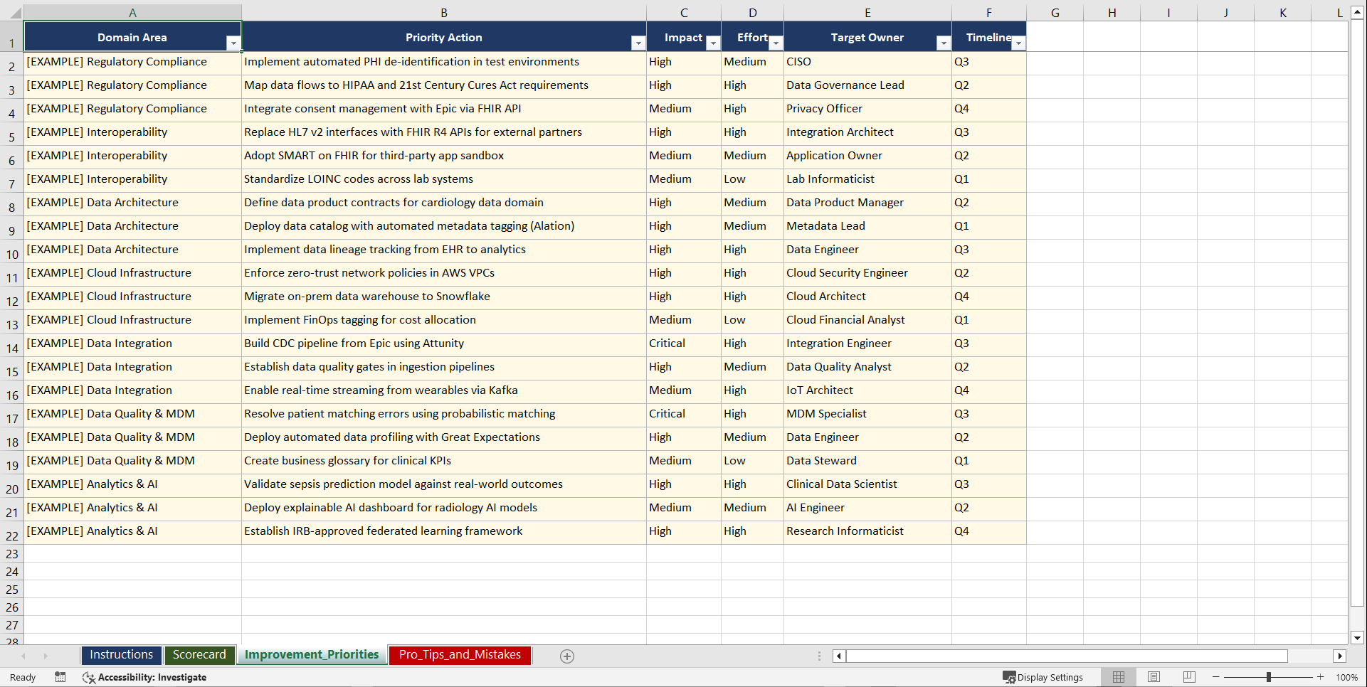 Enterprise Data Platform Modernization for Healthcare Playbook (Excel template (XLSX)) Preview Image