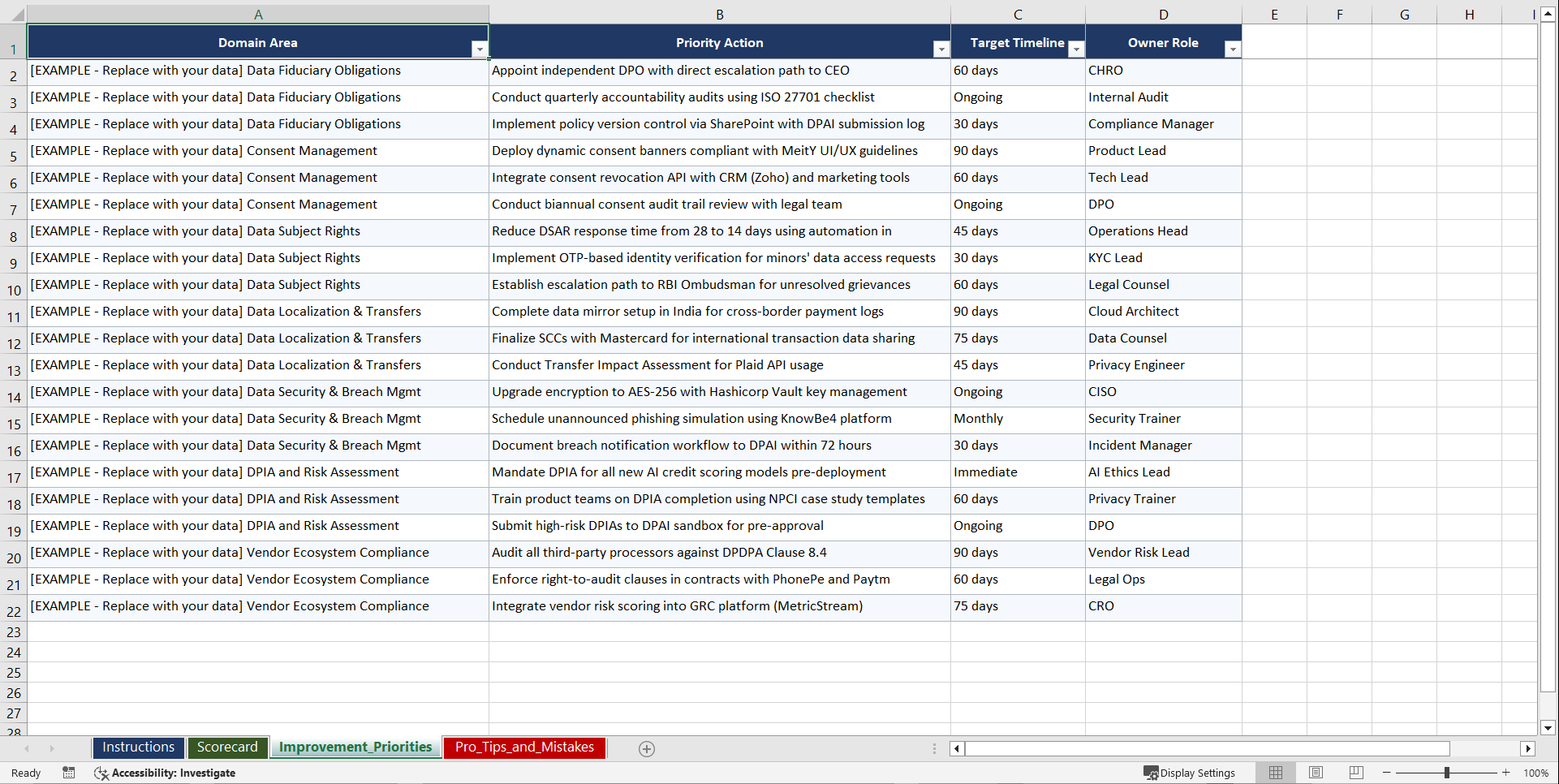 DPDPA 2023 for Indian Fintech Organizations Playbook (Excel template (XLSX)) Preview Image