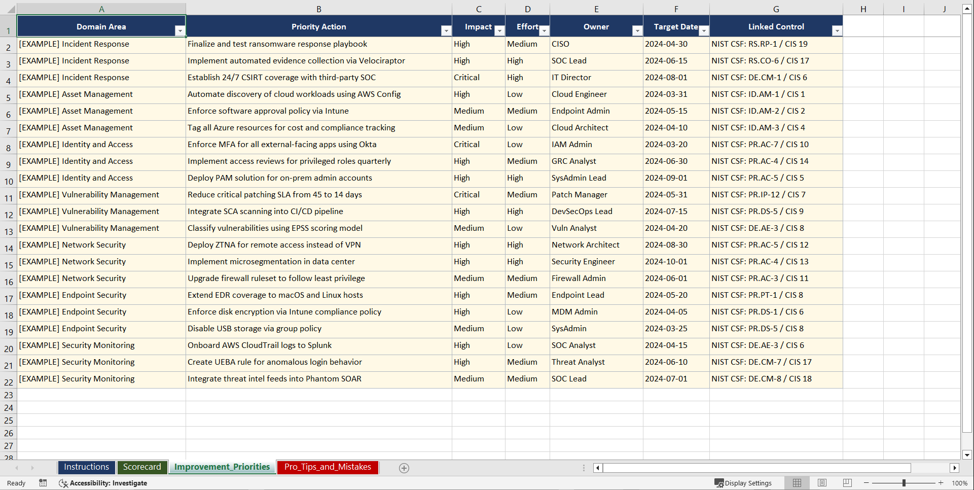NIST CSF CIS Controls for Mid-to-Large Enterprise Playbook (Excel template (XLSX)) Preview Image