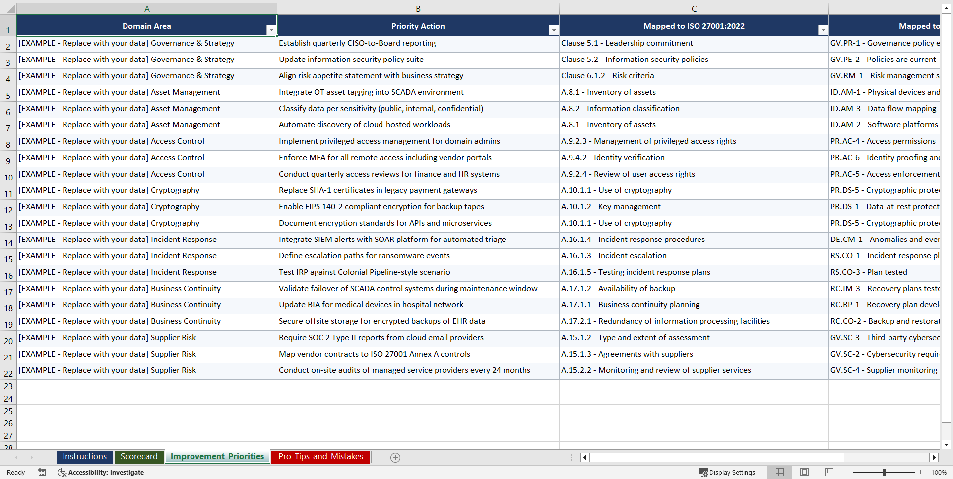 ISOIEC 270012022 NIST CSF 20 Audit for Critical Playbook (Excel template (XLSX)) Preview Image