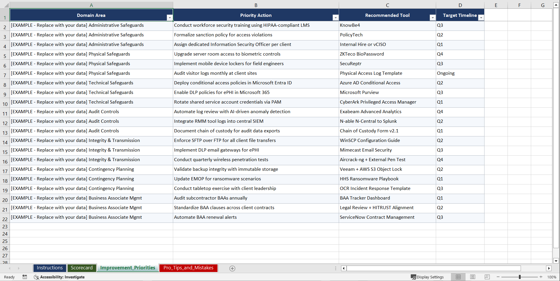 HIPAA Security Rule for US Healthcare Managed Playbook (Excel template (XLSX)) Preview Image