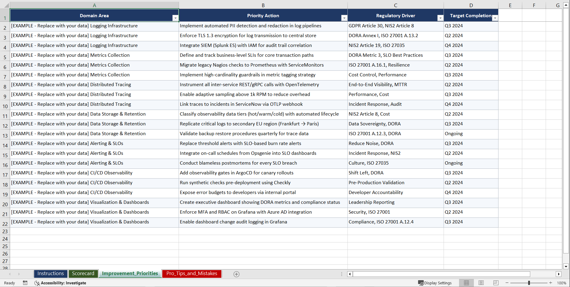 Observability for Enterprise IT Infrastructure in Playbook (Excel template (XLSX)) Preview Image