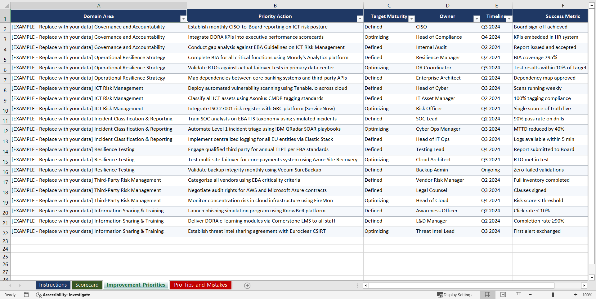 DORA Operational Resilience for European Banking Playbook (Excel template (XLSX)) Preview Image
