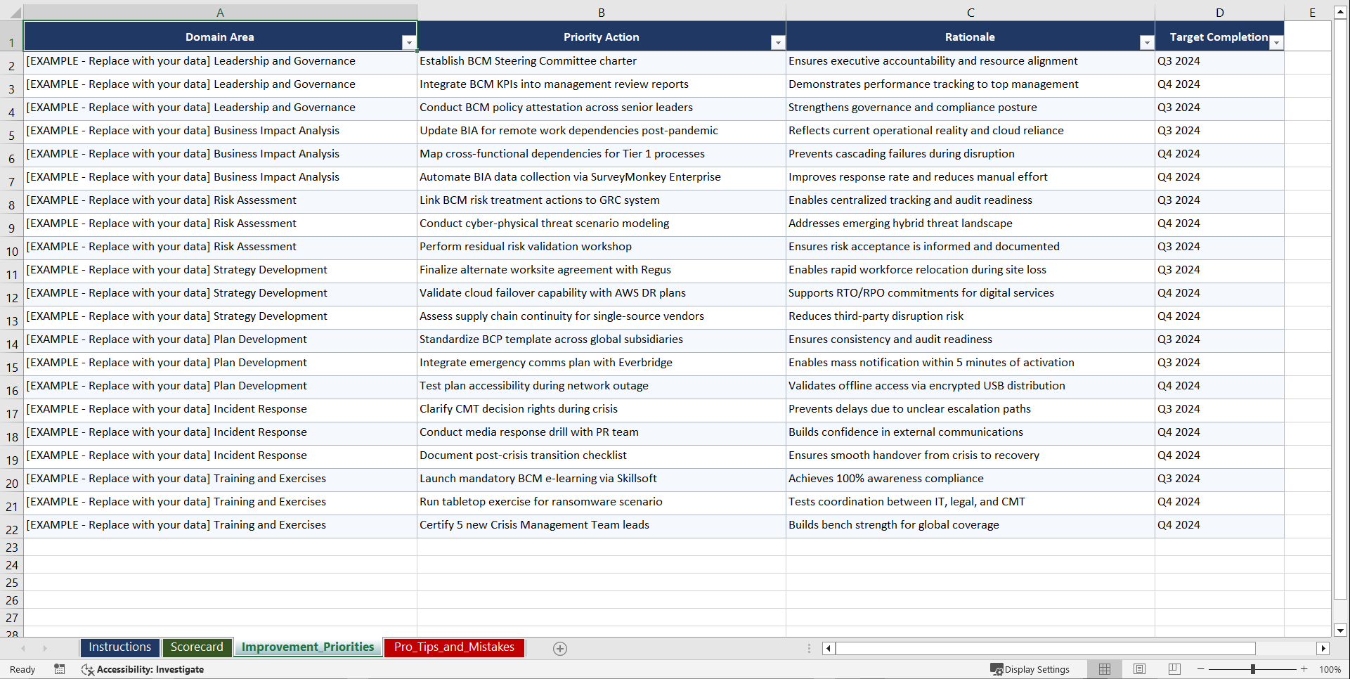 ISO 223012019 Business Continuity Management for Global Playbook (Excel template (XLSX)) Preview Image