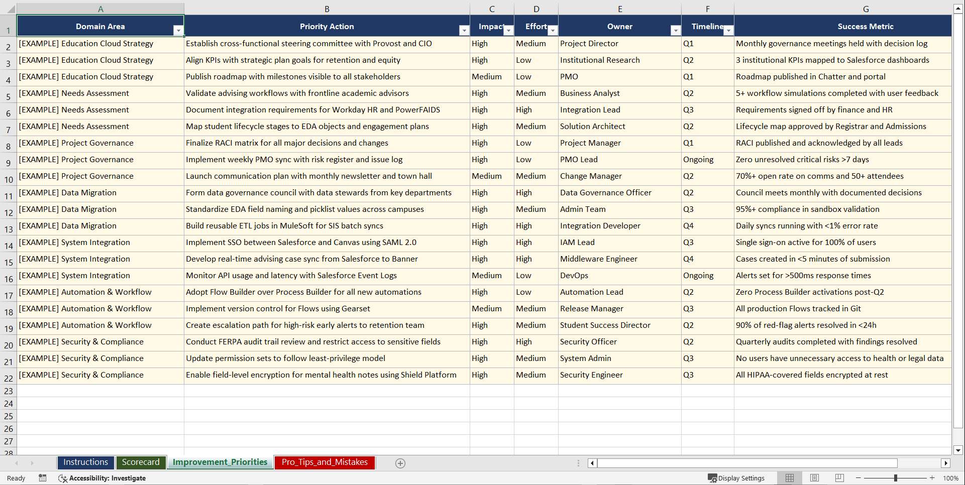 Education Cloud for US Higher Education Playbook (Excel template (XLSX)) Preview Image