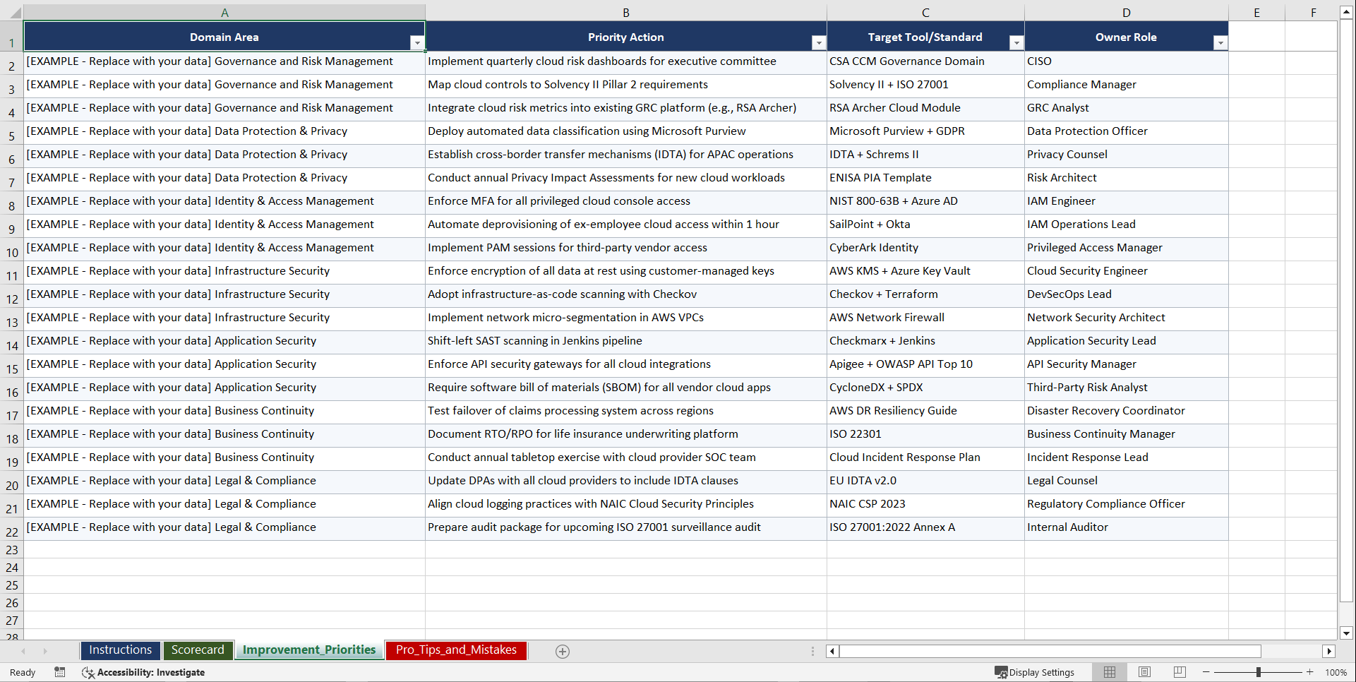 CSA CCM ENISA Cloud Risk Mitigation for Global Playbook (Excel template (XLSX)) Preview Image