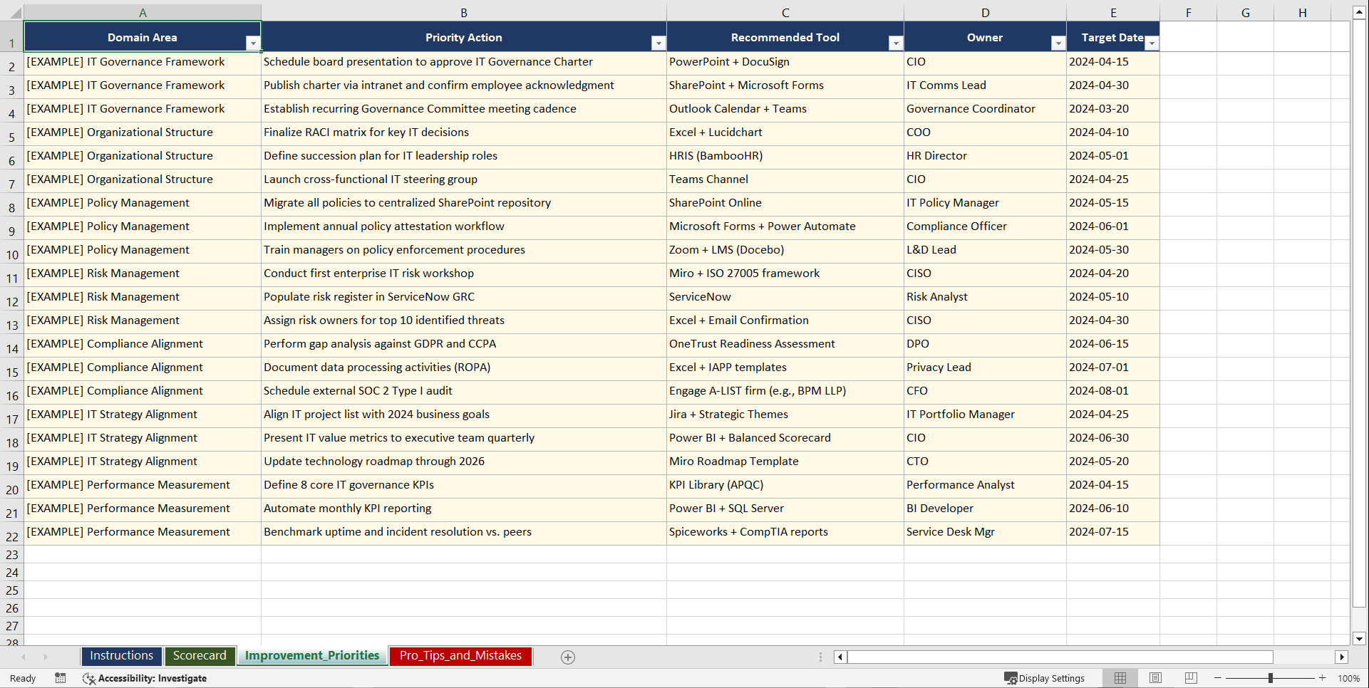 IT Governance Charter for SMB Playbook (Excel template (XLSX)) Preview Image