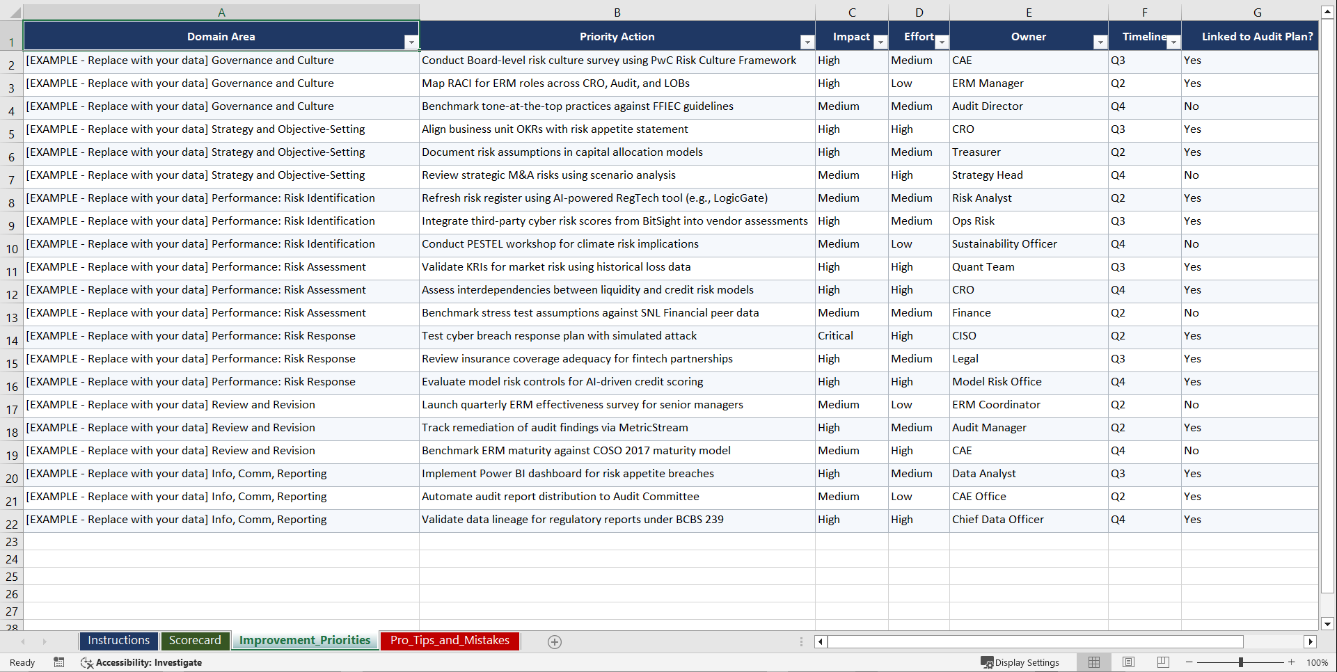 COSO ERM for Financial Services Internal Audit Playbook (Excel template (XLSX)) Preview Image