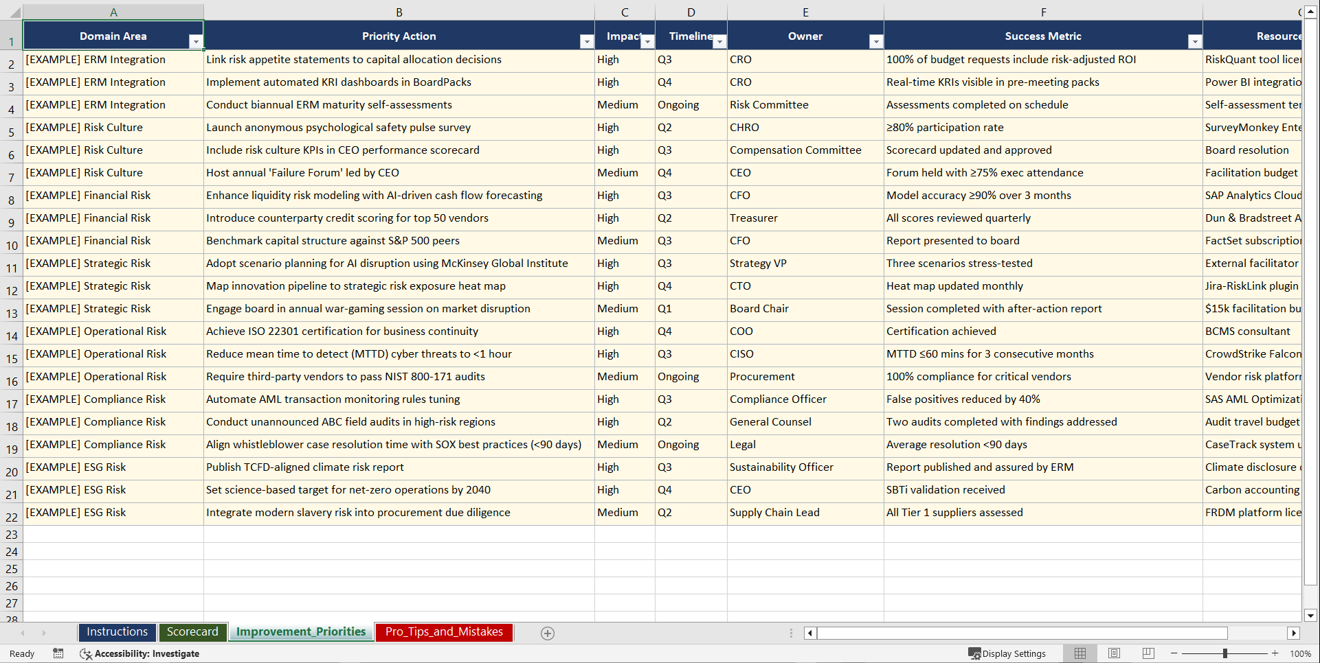 Board Risk Oversight Playbook (Excel template (XLSX)) Preview Image