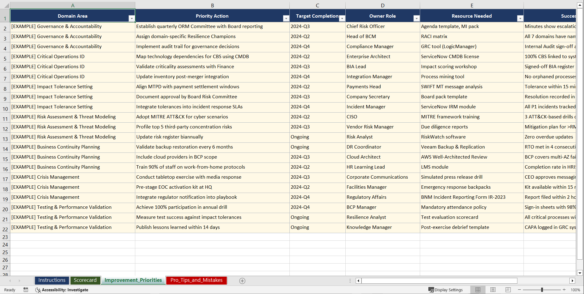 Operational Resilience for Malaysian Financial Playbook (Excel template (XLSX)) Preview Image