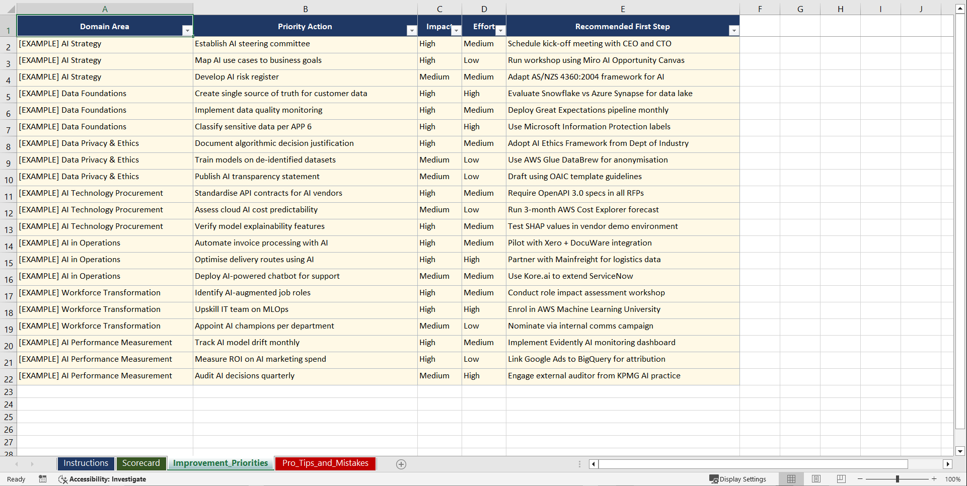 AI Readiness & for Australian Small & Medium Playbook (Excel template (XLSX)) Preview Image