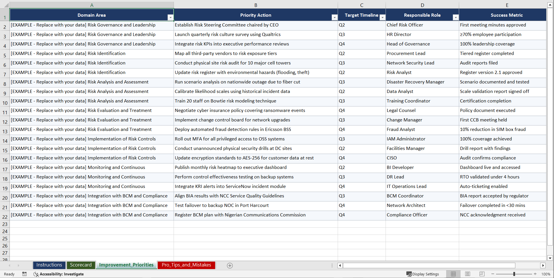 ISO 31000 Operational Risk Management for Nigerian Telecom Playbook (Excel template (XLSX)) Preview Image