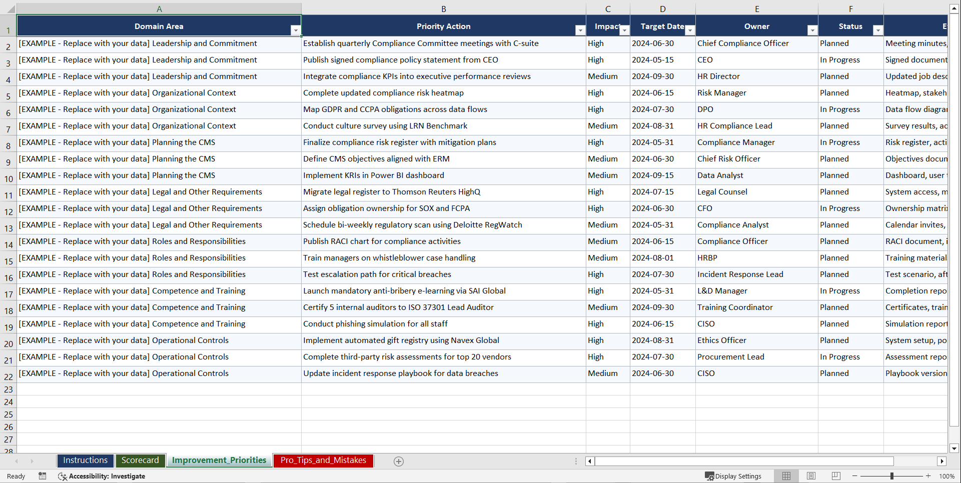 ISO 37301 Compliance Management Playbook (Excel template (XLSX)) Preview Image