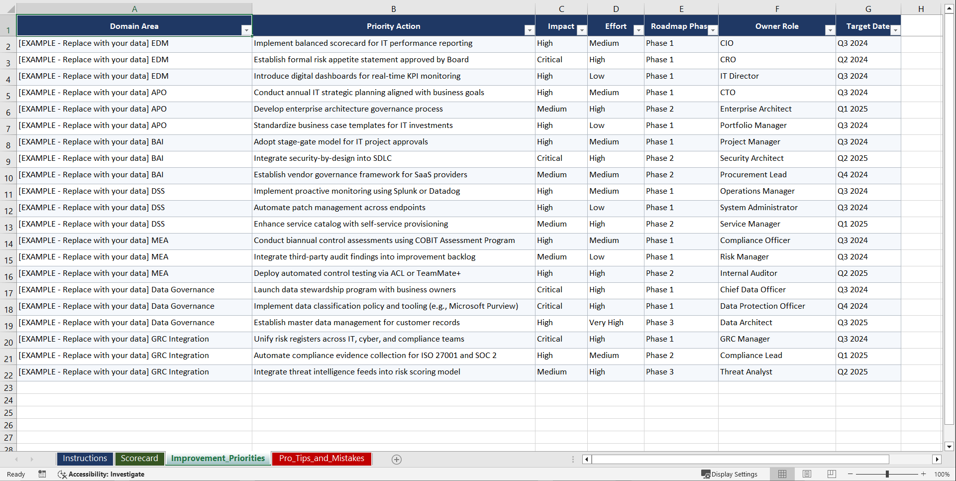 COBIT 2019 for Enterprise IT Governance in Digital Playbook (Excel template (XLSX)) Preview Image