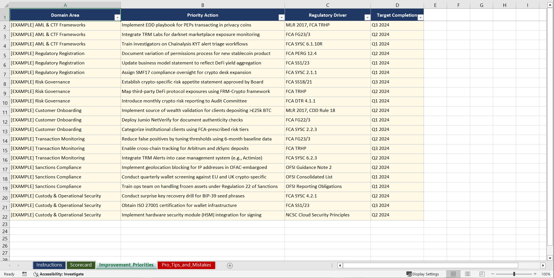 UK Digital Assets Compliance for Financial Playbook (Excel template (XLSX)) Preview Image