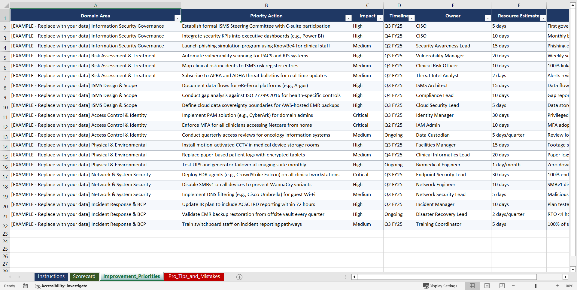ISO 27001 Healthcare Cyber Resilience for Australia Playbook (Excel template (XLSX)) Preview Image