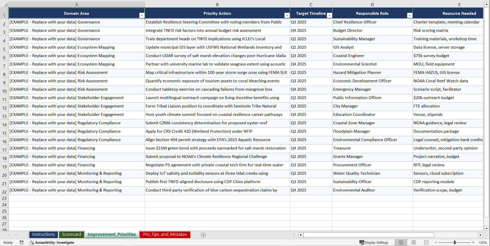 TNFD for Coastal Resilience Projects in US Playbook (Excel template (XLSX)) Preview Image
