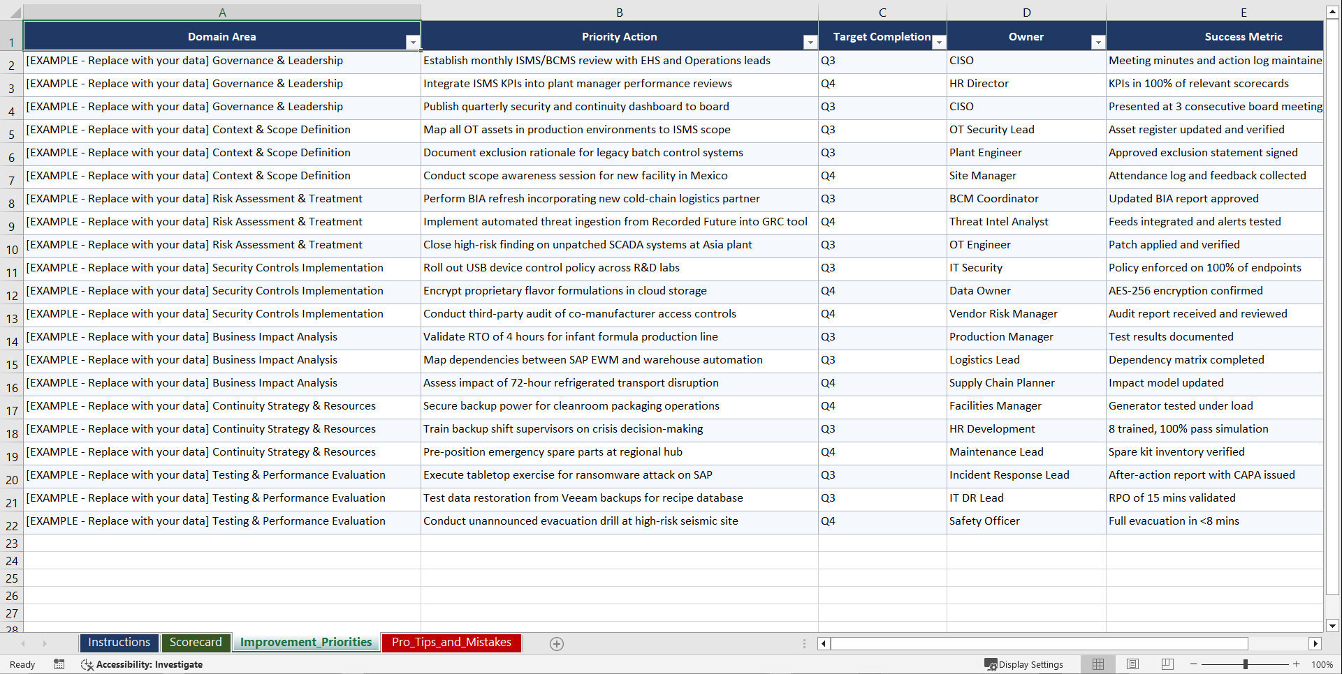 ISO 27001 ISO 22301 for FMCG & Industrial Playbook (Excel template (XLSX)) Preview Image