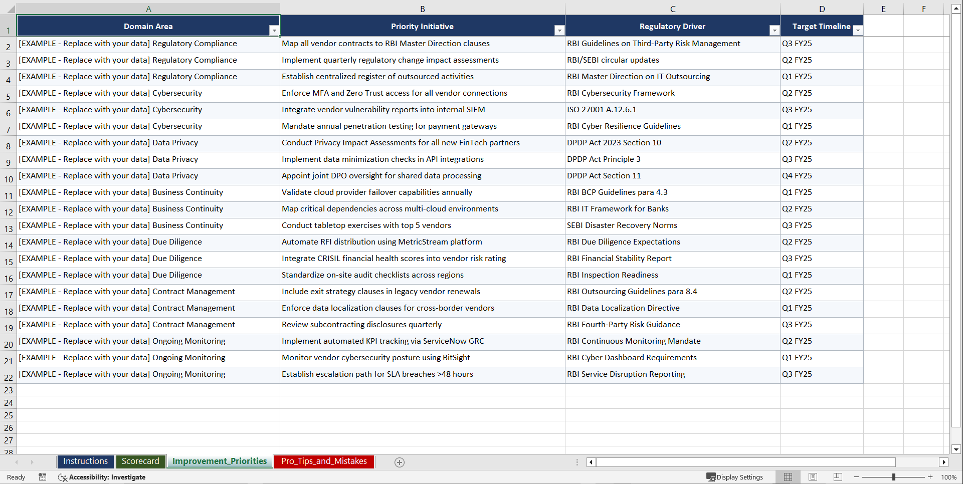 TPRM for BFSI Orgs under Indian Regulatory Over Playbook (Excel template (XLSX)) Preview Image