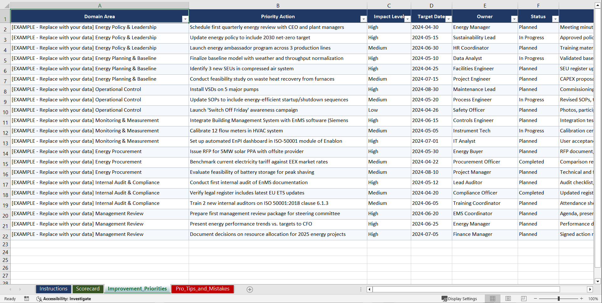 ISO 50001 Energy Management Playbook (Excel template (XLSX)) Preview Image