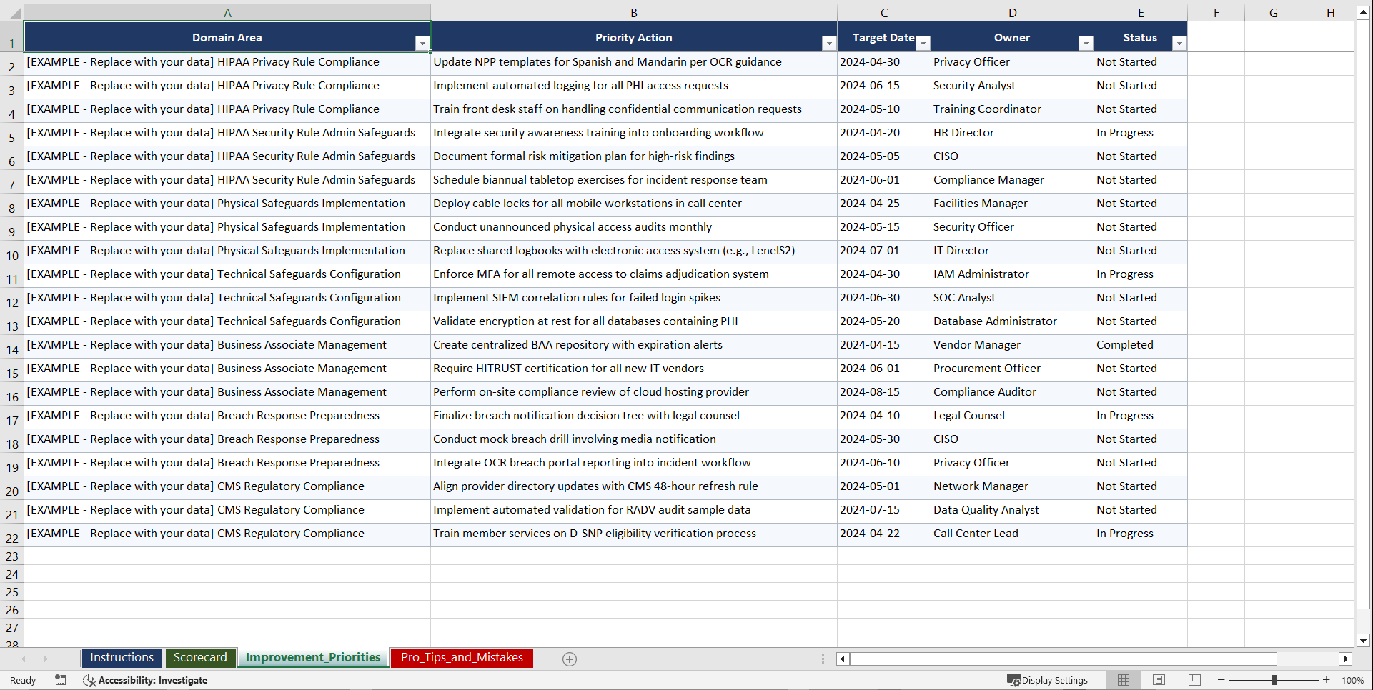 HIPAA CMS Compliance for Gov-Sponsored Health Plans Playbook (Excel template (XLSX)) Preview Image