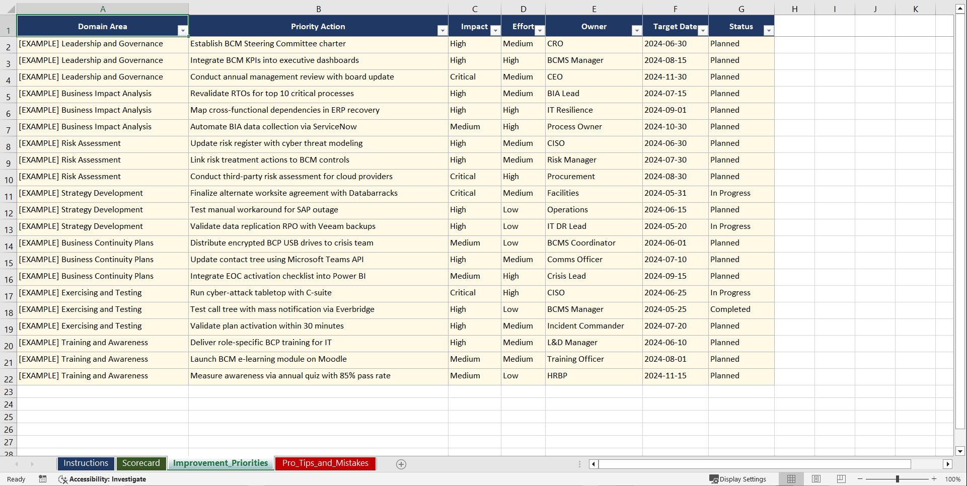 ISO 22301 Business Continuity Management Playbook (Excel template (XLSX)) Preview Image