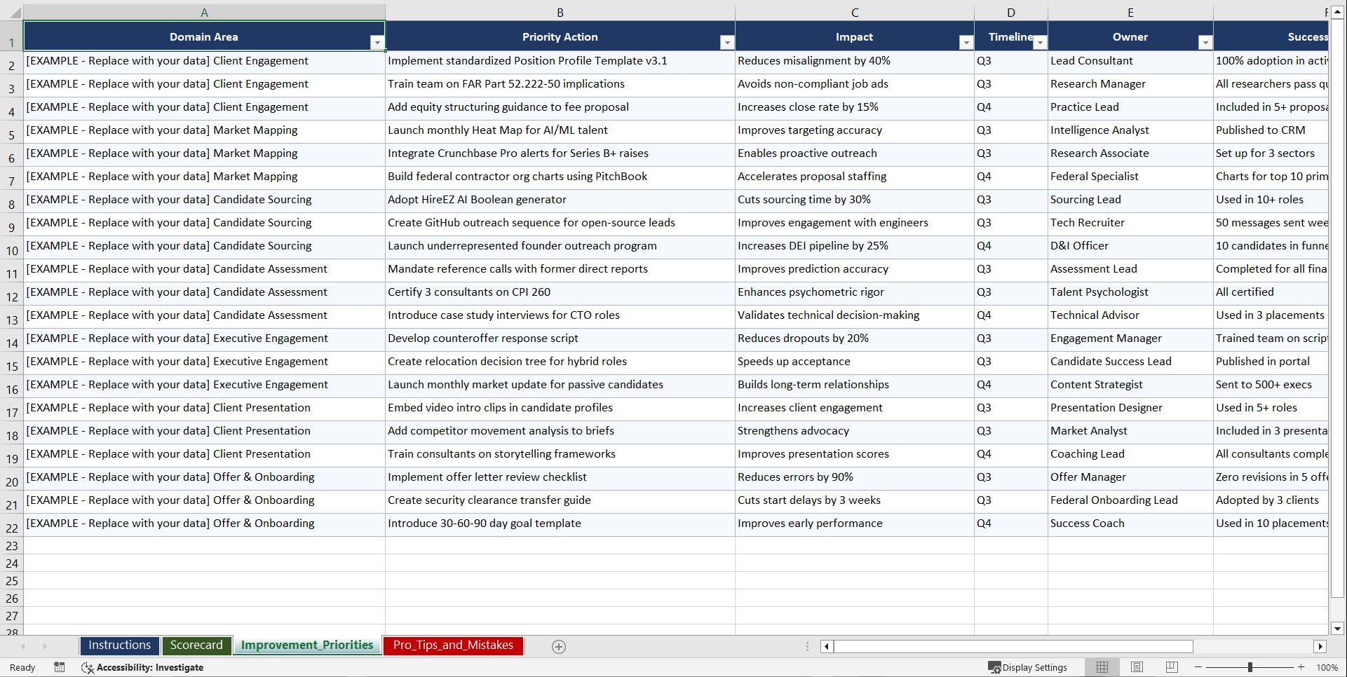 Retained Executive Search Excellence for High Growth Playbook (Excel template (XLSX)) Preview Image