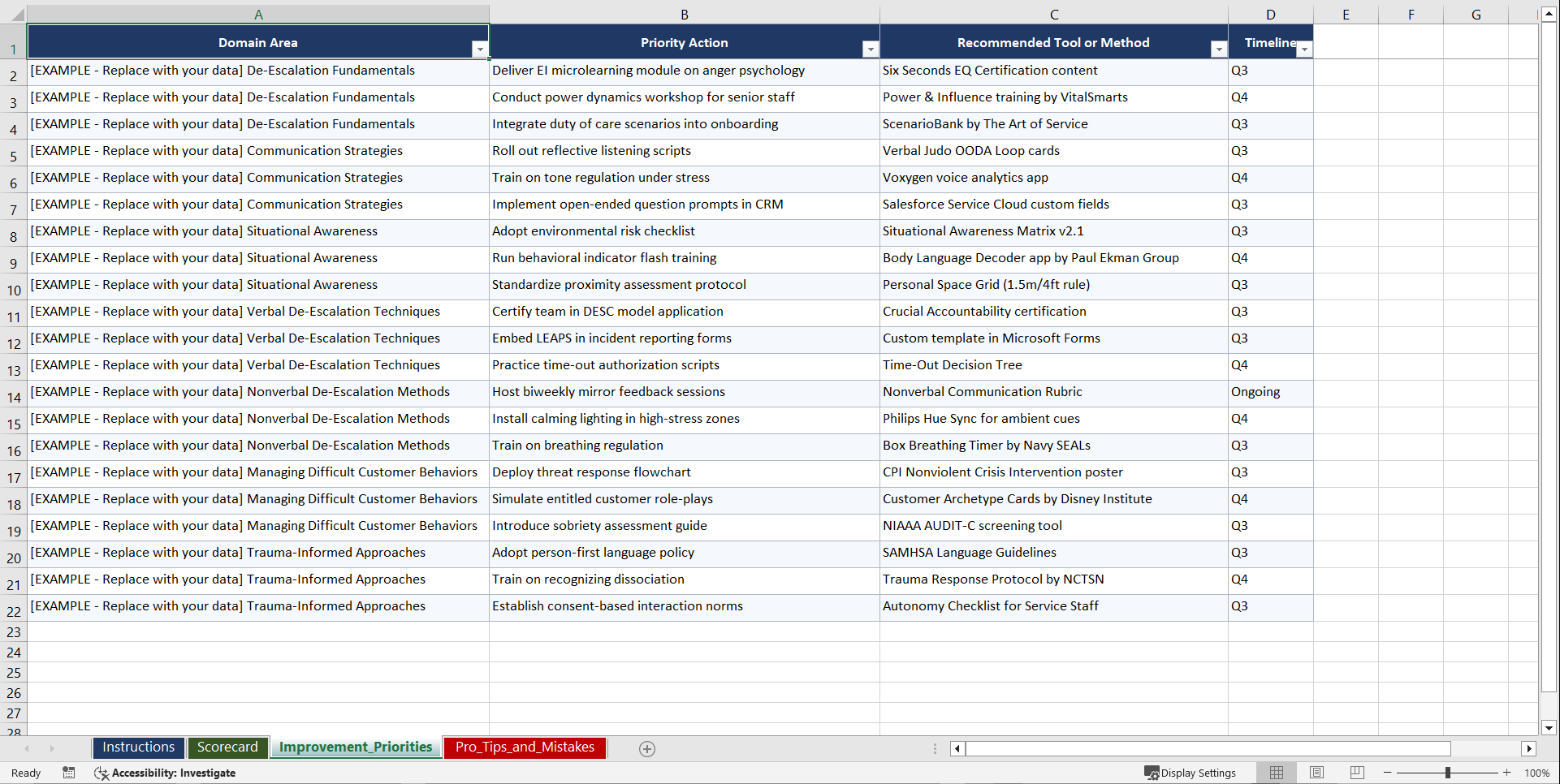 De-Escalation Techniques for Service Playbook (Excel template (XLSX)) Preview Image
