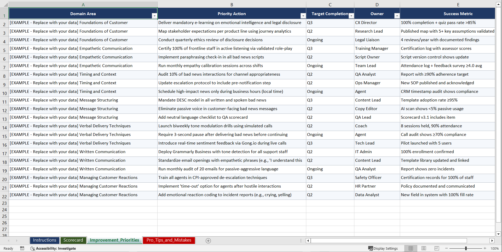 Delivering Bad News to Customers Playbook (Excel template (XLSX)) Preview Image