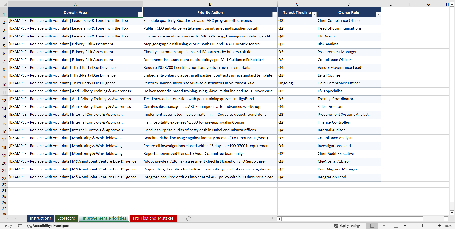 Anti-Bribery and Corruption UK Bribery Act Playbook (Excel template (XLSX)) Preview Image