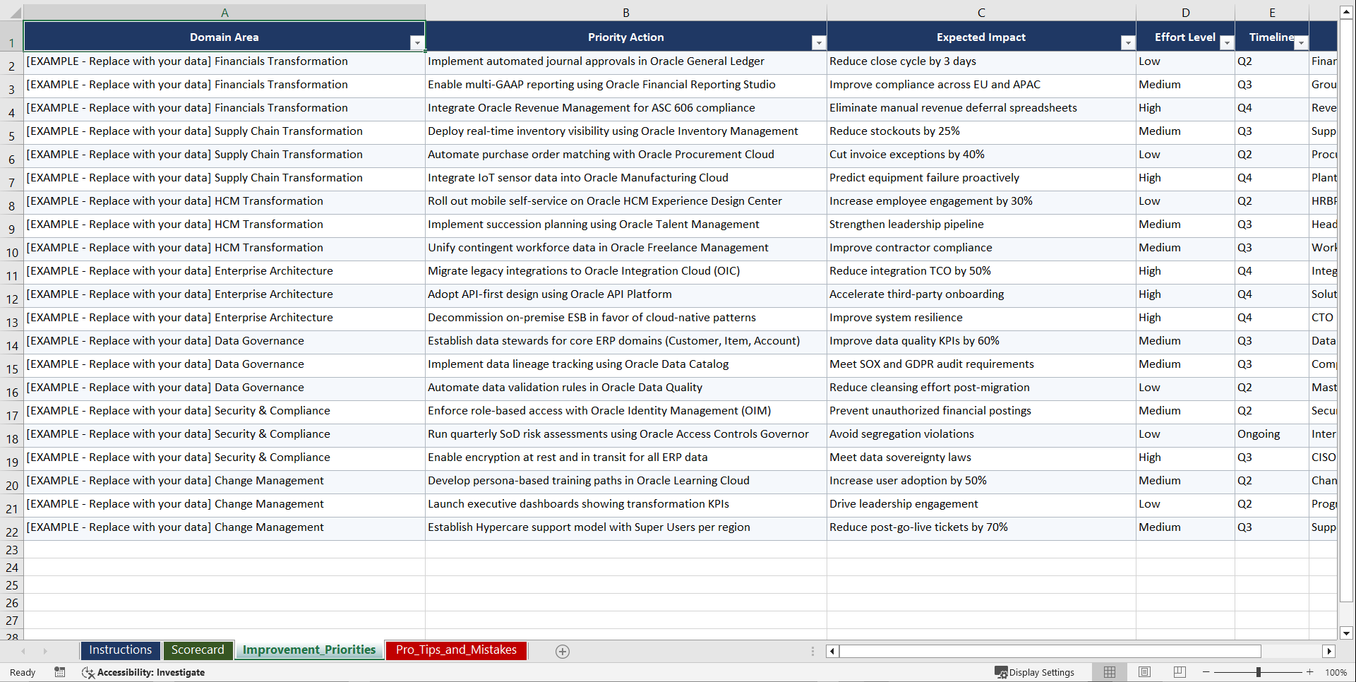 Oracle ERP Cloud Transformation for Global Playbook (Excel template (XLSX)) Preview Image