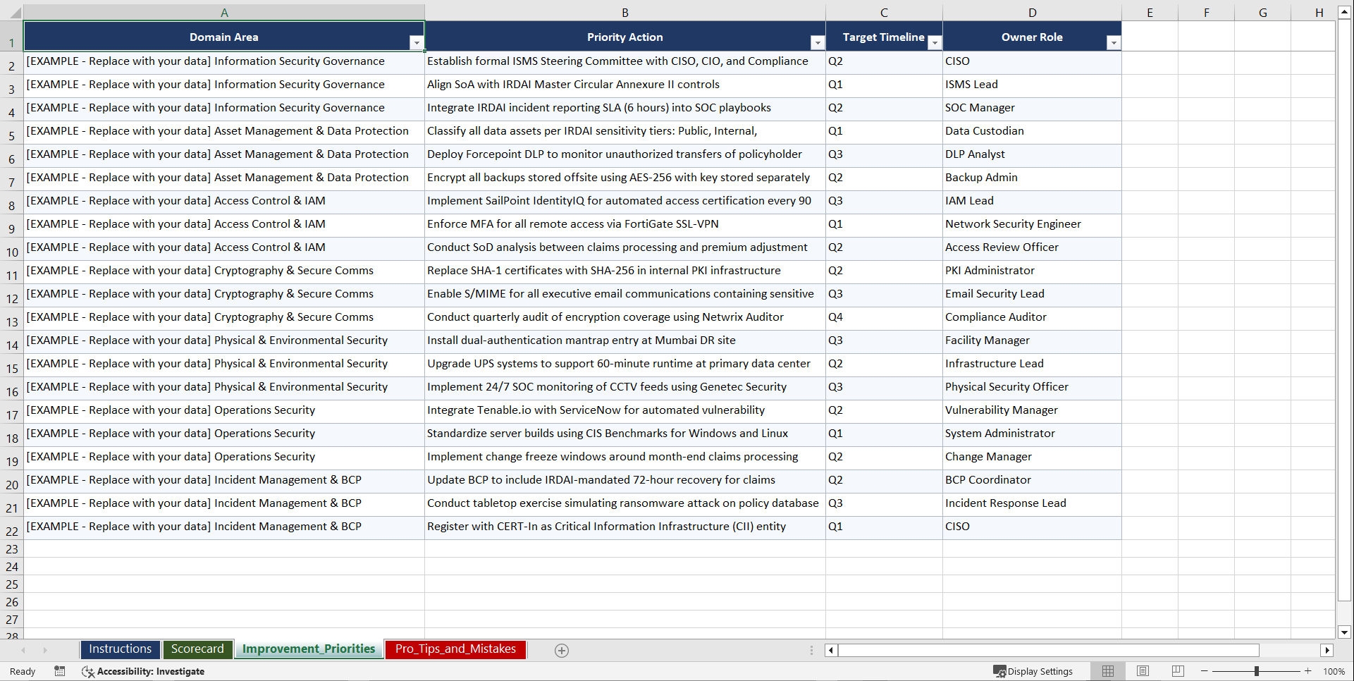 ISO 27001 IRDAI Cyber Compliance for Indian Playbook (Excel template (XLSX)) Preview Image